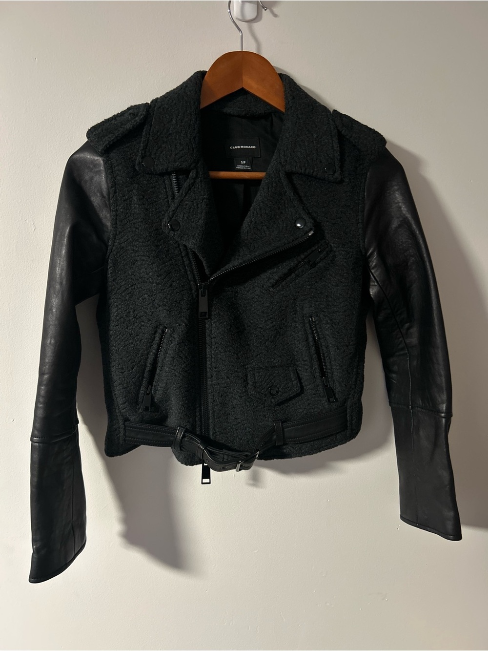 Club Monaco Mixed Media Cropped Moto Jacket - Lamb Leather & Wool Blend - Size S